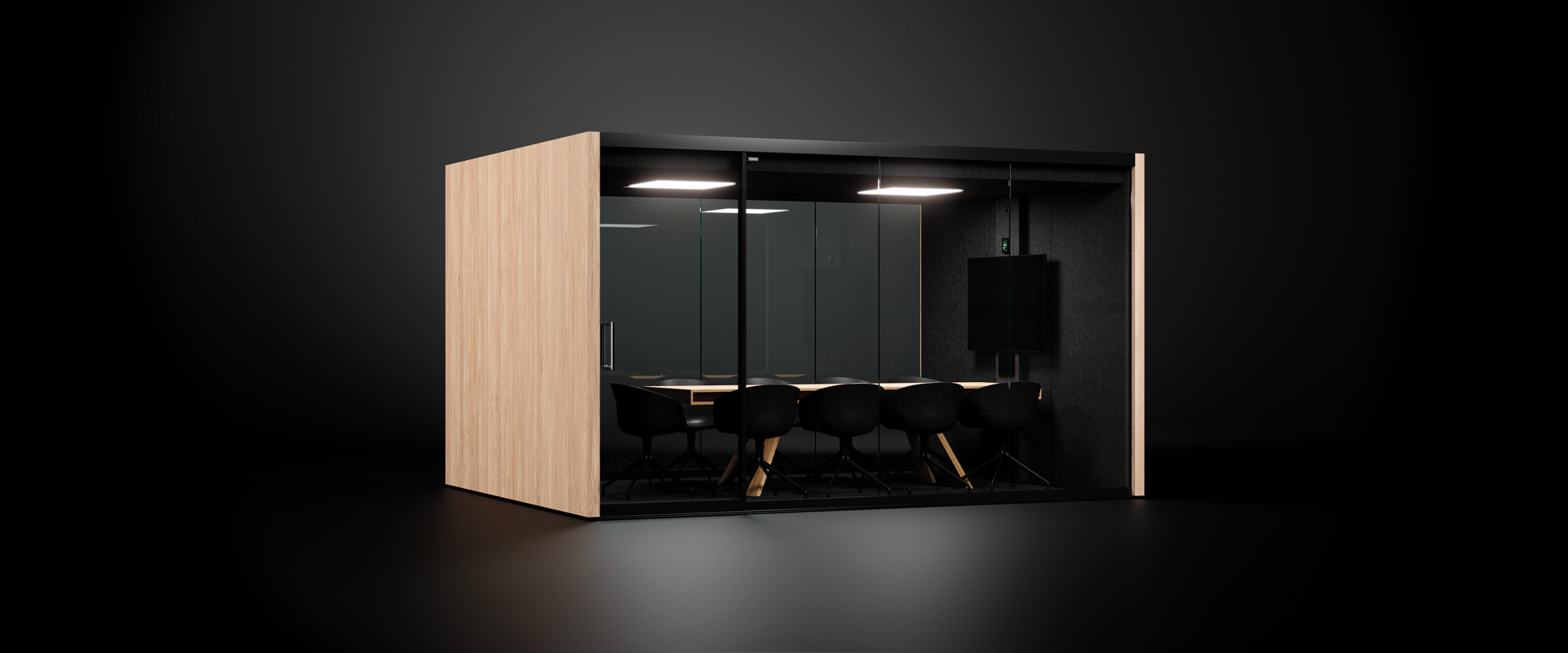 VETROSPACE XXL soundproof meeting pod room in black background