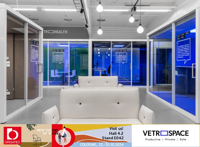 Vetrospace meeting pods in a showroom with Orgatec event information added as text.