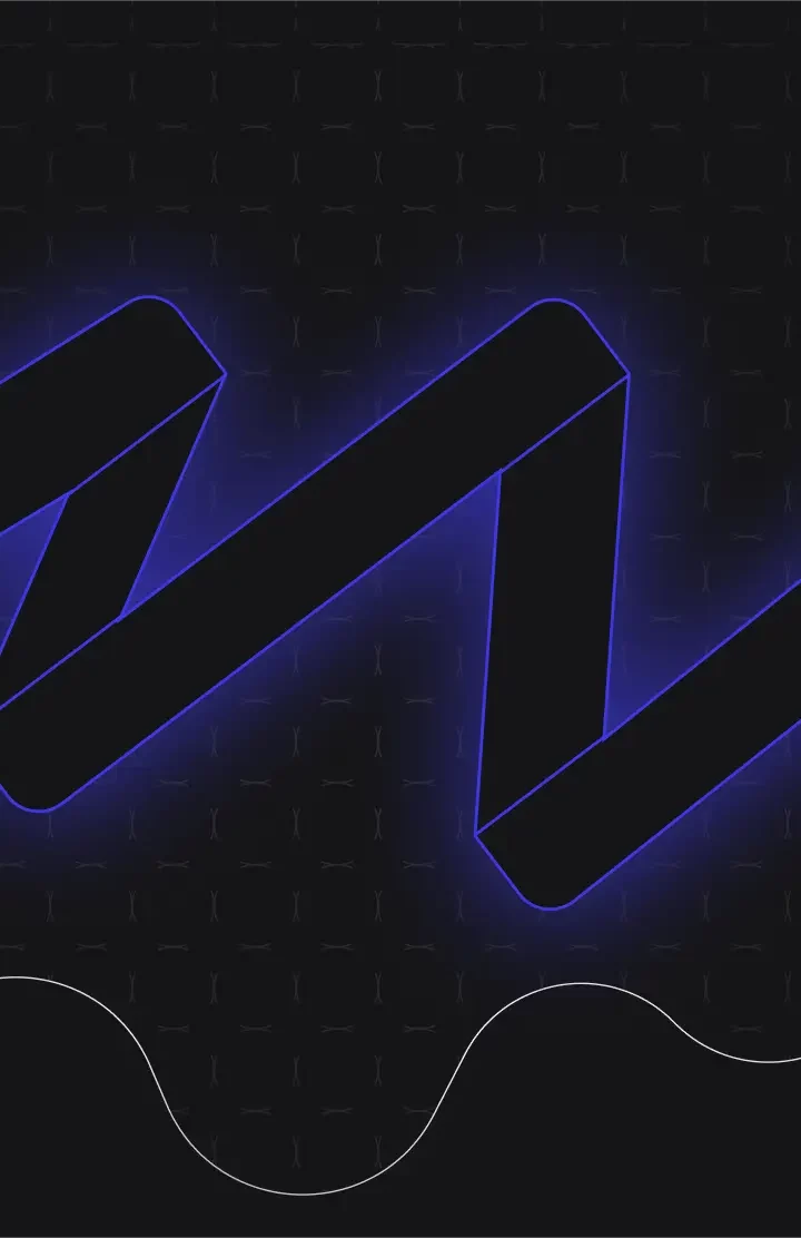 A digital design showing a zigzagging arrow with a blue neon glow, representing fluctuating progress or growth, on a dark background with subtle wave patterns.