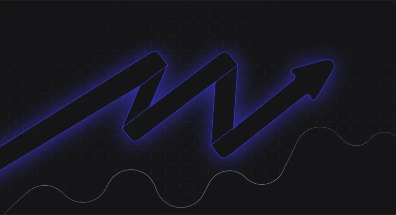 A digital design showing a zigzagging arrow with a blue neon glow, representing fluctuating progress or growth, on a dark background with subtle wave patterns.