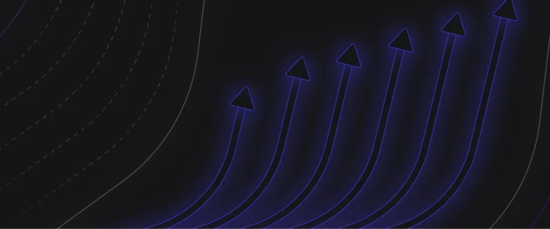 A digital graphic displaying multiple upward curves, each ending with an arrow tip, all outlined in blue neon on a dark background, suggesting momentum or acceleration