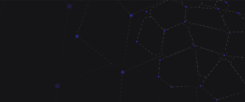 A dark, honeycomb-shaped grid connected by dashed lines with small blue dots marking connection points. The grid appears to form an abstract network.