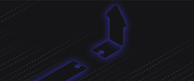 A glowing blue puzzle piece forming an upward arrow, symbolizing growth or progress, surrounded by dashed lines on a dark background.