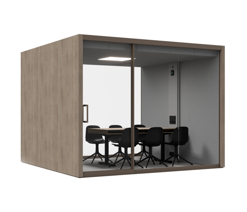 A modern office meeting pod with wooden exterior panels and glass sliding doors.