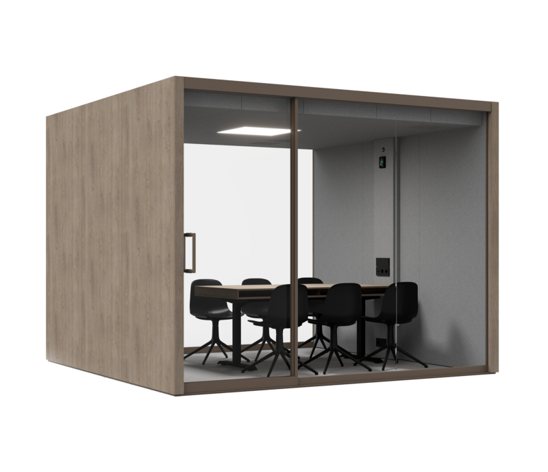 A modern office meeting pod with wooden exterior panels and glass sliding doors.
