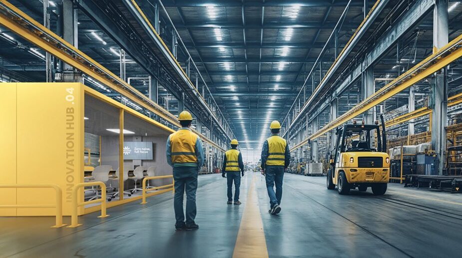 Large industrial warehouse with high ceilings and yellow safety lines, where workers in safety gear walk past a bright yellow Vetrospace XL meeting pod designed for meetings or focused work.