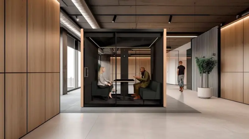 Modern office interior featuring a soundproof black-framed glass meeting pod with two professionals seated inside having a discussion, surrounded by wood paneling and minimalist decor.